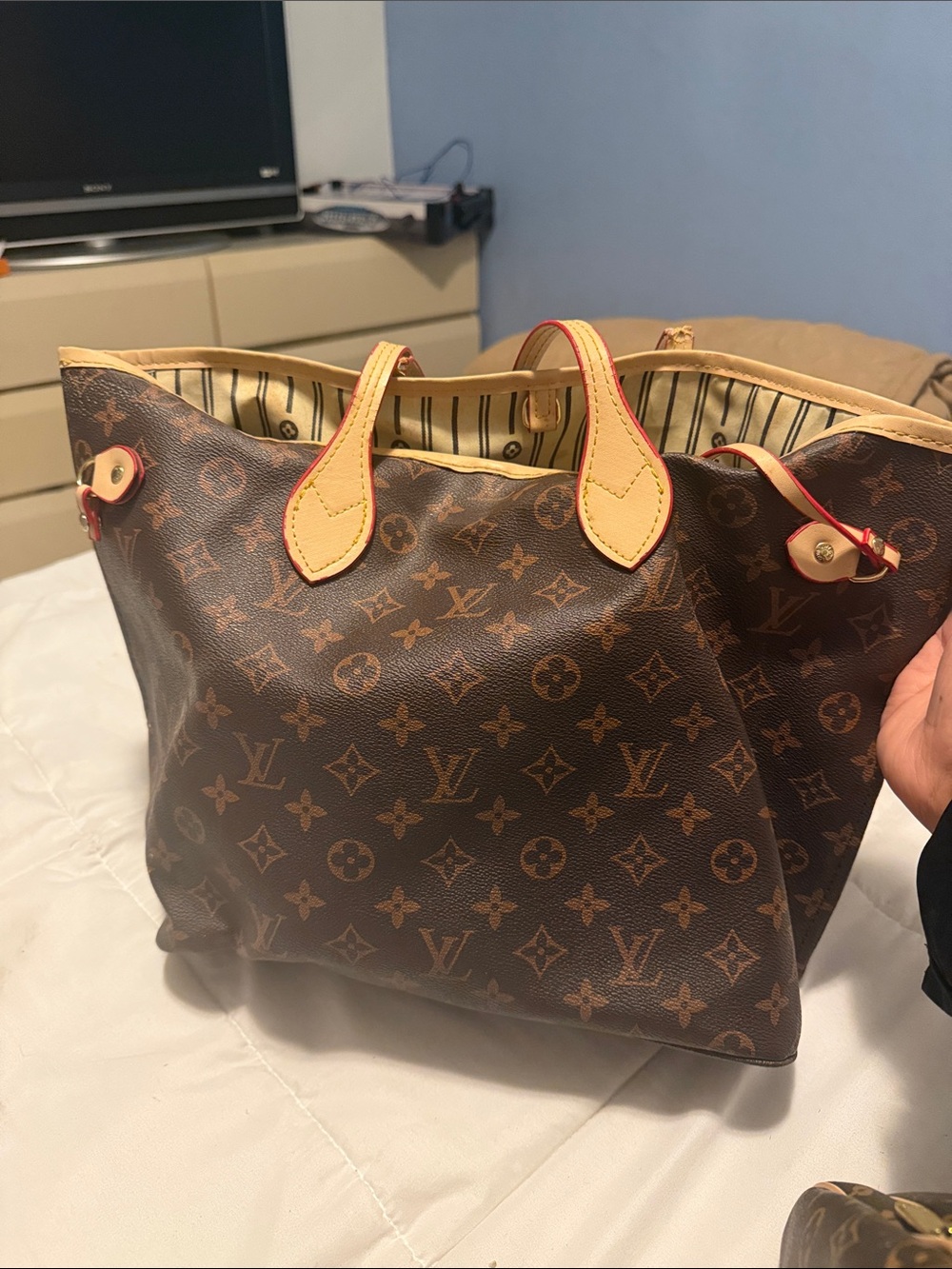 Louis Vuitton Inspired Brown Monogram Tote with Natural Leather Trim